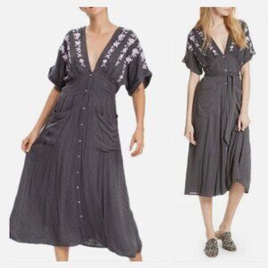 FREE PEOPLE Love to Love You Gray Embroidered Boho Floral Button‎ Midi Dress SM